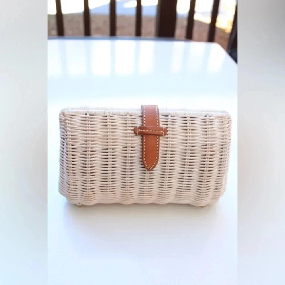 J. McLaughlin Cream Wicker Clutch with Tan Leather Strap